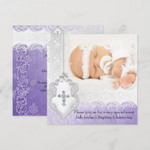 Invitación Bautizo Morado Encaje Blanco Foto Joya Cruz Niña