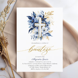 Invitación Bautizo Navy Blue & Gold Watercolor Español