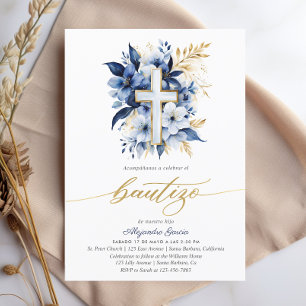 Invitación Bautizo Navy Blue & Gold Watercolor Español