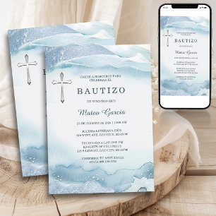 Invitación Bautizo Niño Azul Cruz