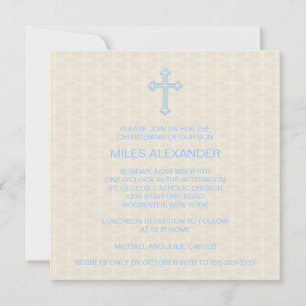 Invitación Bautizo Niño Azul Cruz Damask Beige