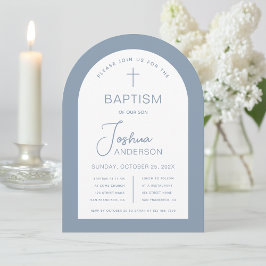 Invitación Bautizo Niño Azul Polvo Blanco Arco Script Moderno