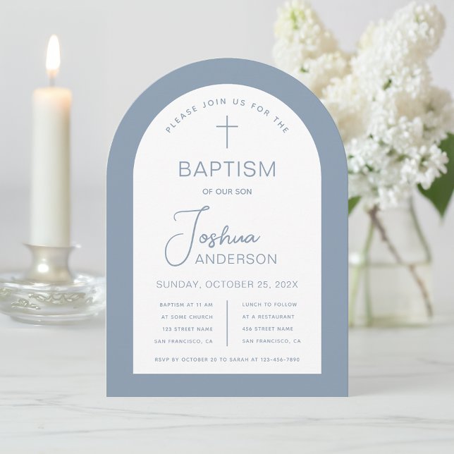 Invitación Bautizo Niño Azul Polvo Blanco Arco Script Moderno (Subido por el creador)