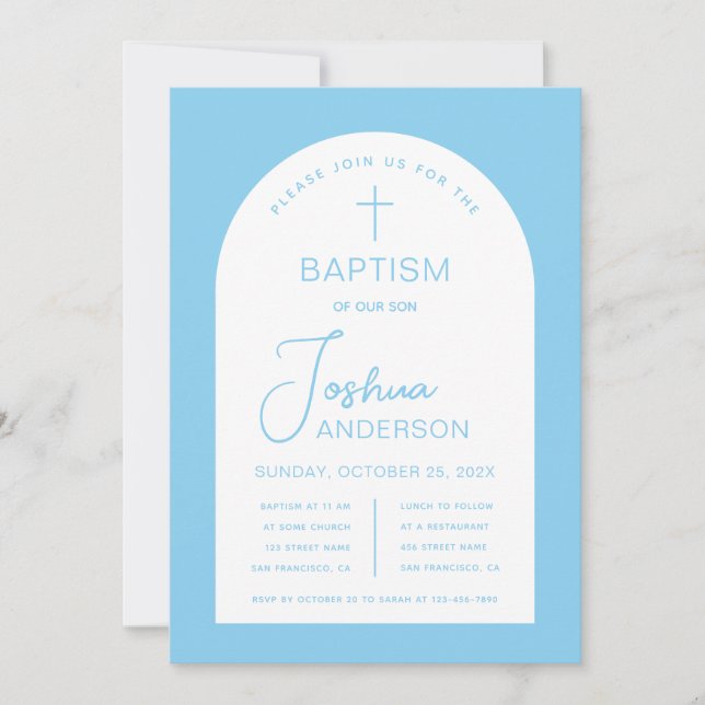 Invitación Bautizo Niño Bebé Azul Blanco Arco Script Religios (Anverso)