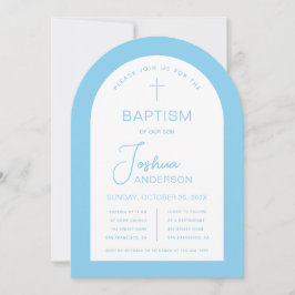 Invitación Bautizo Niño Bebé Azul Blanco Arco Script Religios