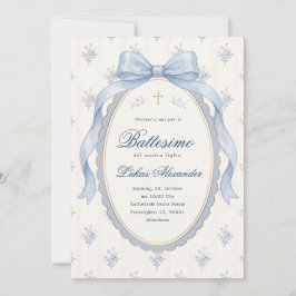 Invitación Bautizo Niño Lazo Celeste Toile Floral