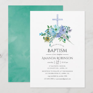 Invitación Bautizo o bautismo boho azul y menta