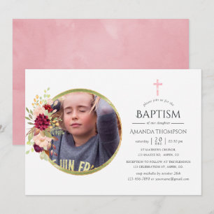 Invitación Bautizo o bautismo de color burdeos-Marsala y rosa