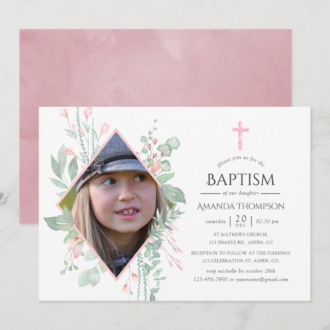 Invitación Bautizo o bautismo de Greenery Blush Pastel (Anverso / Reverso)