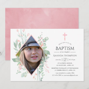 Invitación Bautizo o bautismo de Greenery Blush Pastel