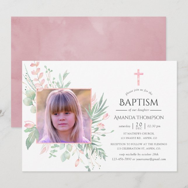 Invitación Bautizo o bautismo de Greenery Pastel Blush (Anverso / Reverso)