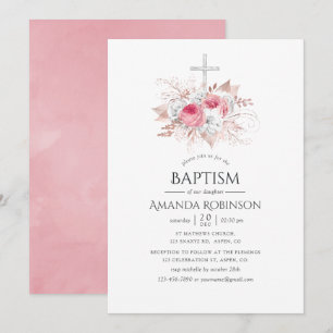 Invitación Bautizo o bautismo floral en rosa y dorado rosa