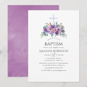 Invitación Bautizo o bautismo floral púrpura