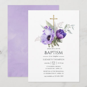 Invitación Bautizo o Cristiandad con tema floral de lila