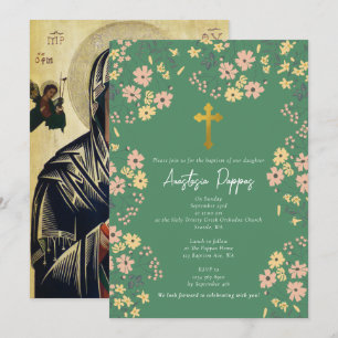 Invitación Bautizo Ortodoxo Griego Floral Verde