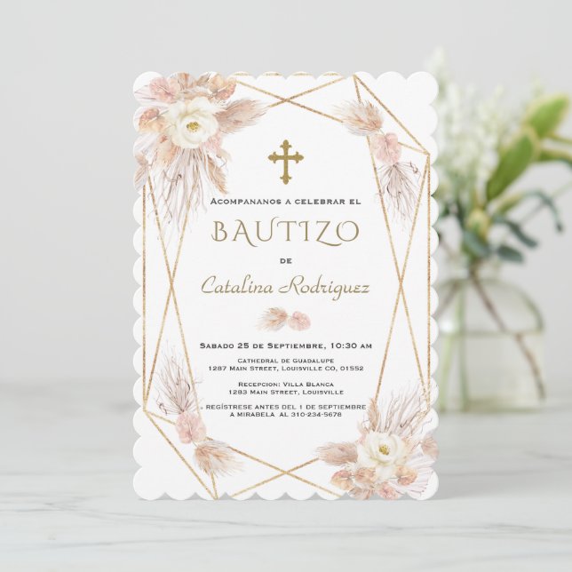 Invitación Bautizo Pampas Bautismo De Oro De Grasa (Anverso de pie)
