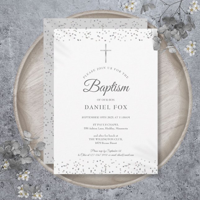Invitación Bautizo Polvillo de Estrellas de Plata (Silver Stardust Baptism Christening Invitation)