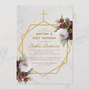 Invitación Bautizo Primer Cumpleaños Peonía Borgoña Mármol Do