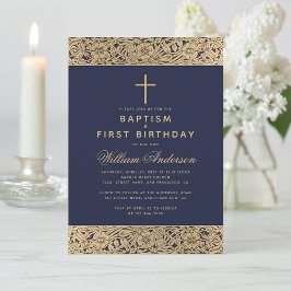 Invitación Bautizo Primera Cumpleaños Azul Marino Rosas Dorad