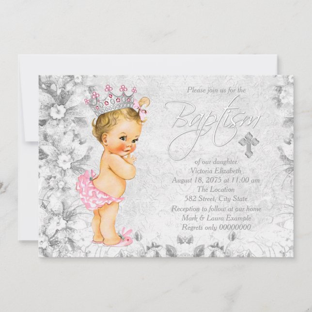 Invitación Bautizo Princesa Vintage Rosa y Gris (Anverso)