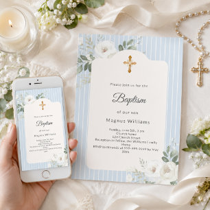 Invitación Bautizo rayas azul polvoriento flores blancas niño