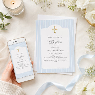 Invitación Bautizo rayas azul polvoriento niño