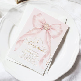 Invitación Bautizo Religioso de Niña con Lazo Rosa y Dorado