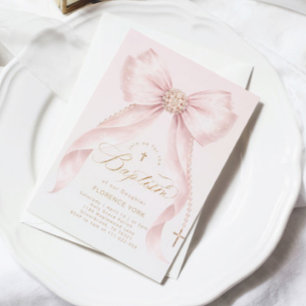 Invitación Bautizo Religioso de Niña con Lazo Rosa y Dorado