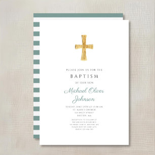 Invitación Bautizo Religioso de Niño con Cruz Verde Moderna