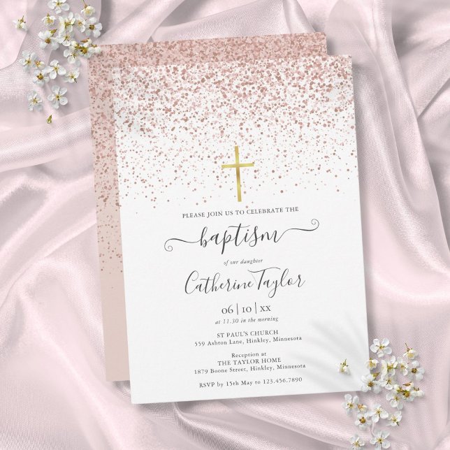 Invitación Bautizo Resplandeciente en Rosa Dorado Moderno (Modern Rose Gold Glitter Baptism Christening Invitation)