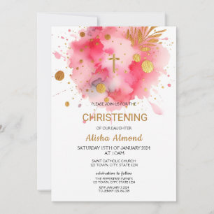 Invitación Bautizo Rosa Acuarela Oro