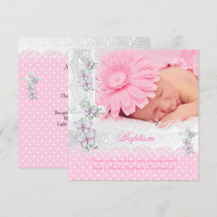 Invitación Bautizo Rosa Blanco Encaje Foto Mariposa Cruz Niña