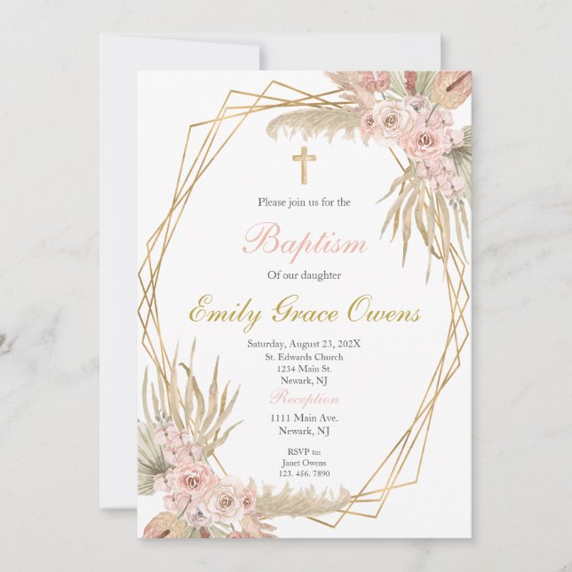 Invitación Bautizo rosa boho (Anverso)