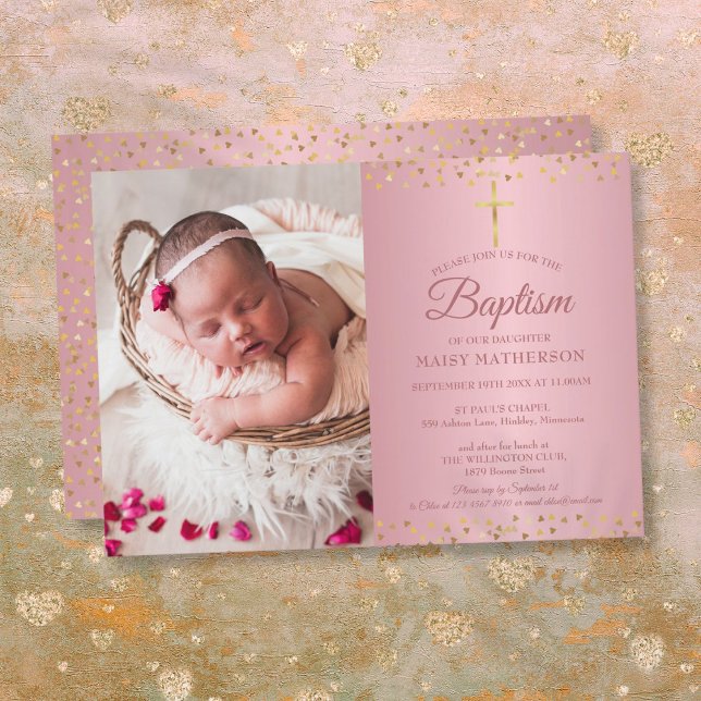 Invitación Bautizo Rosa Dorado Corazones Foto (Baptism Christening Rose Gold Hearts Photo Invitation)