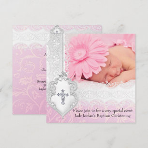 Invitación Bautizo Rosa Encaje Blanco Foto Joya Cruz Niña