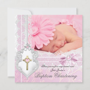 Invitación Bautizo Rosa Encaje Blanco Foto Perla Cruz Niña