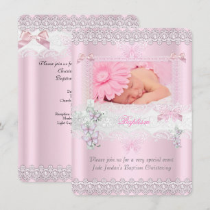 Invitación Bautizo Rosa Encaje Foto Mariposa Cruz Niña 3