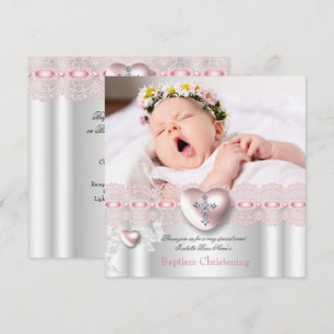 Invitación Bautizo Rosa Plata Foto Corazón Cruz Niña