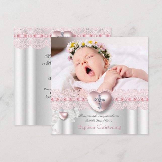 Invitación Bautizo Rosa Plata Foto Corazón Cruz Niña (Anverso / Reverso)