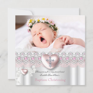Invitación Bautizo Rosa Plata Foto Corazón Cruz Niña Perla