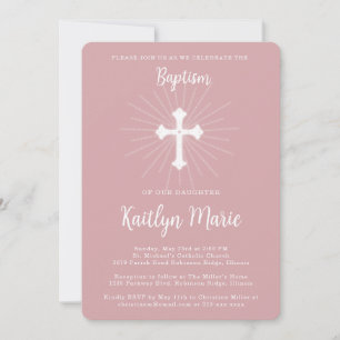 Invitación Bautizo Rosa Polvo para Hija con Cruz