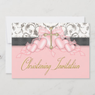 Invitación Bautizo rosado del oro de los chicas negros