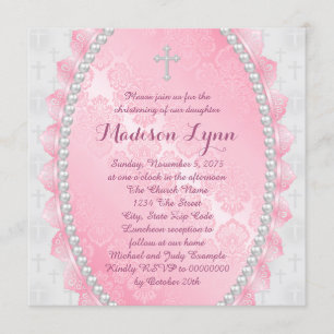 Invitación Bautizo rosado y blanco del damasco rosado
