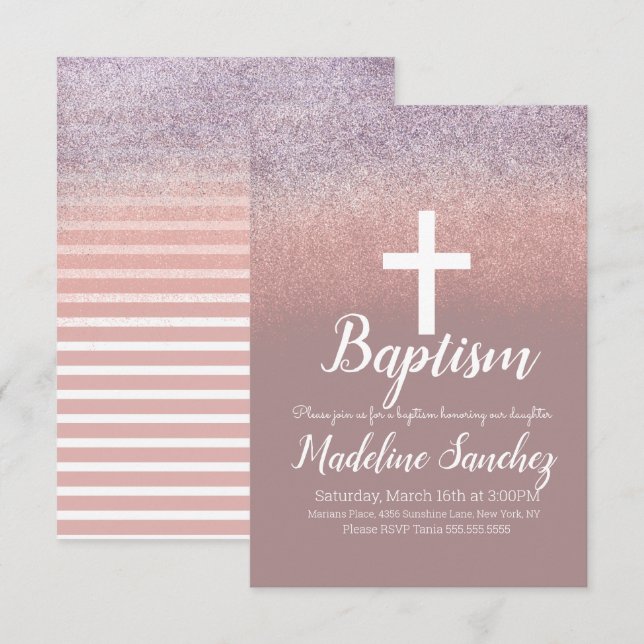 Invitación Bautizo Rubor Rosa Brillo Dedicación Bautizo (Anverso / Reverso)
