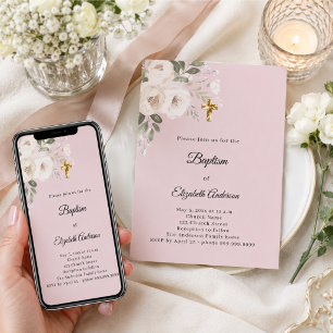 Invitación Bautizo rubor rosa flores blancas niña