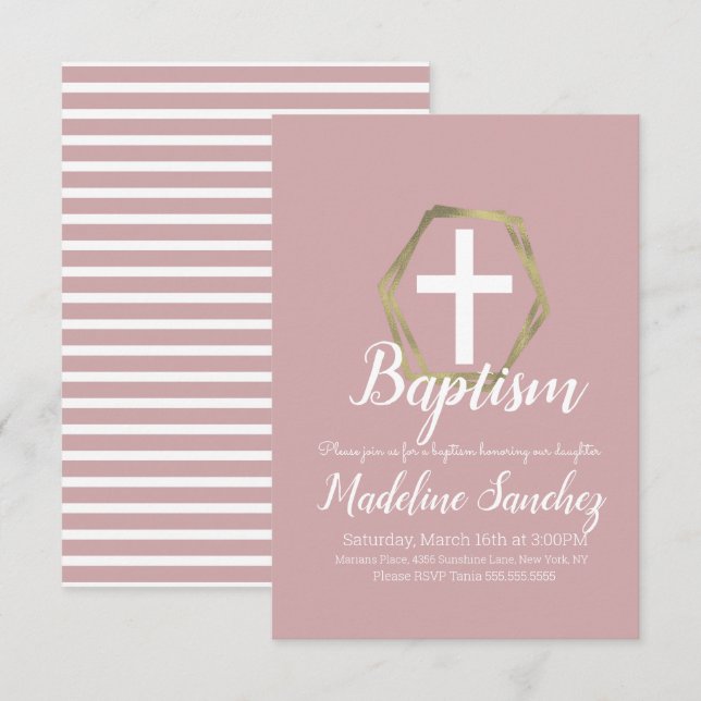 Invitación Bautizo Rubor Rosa Oro Dedicación Bautizo (Anverso / Reverso)