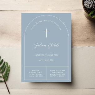 Invitación bautizo simple y azul de arco minimalista