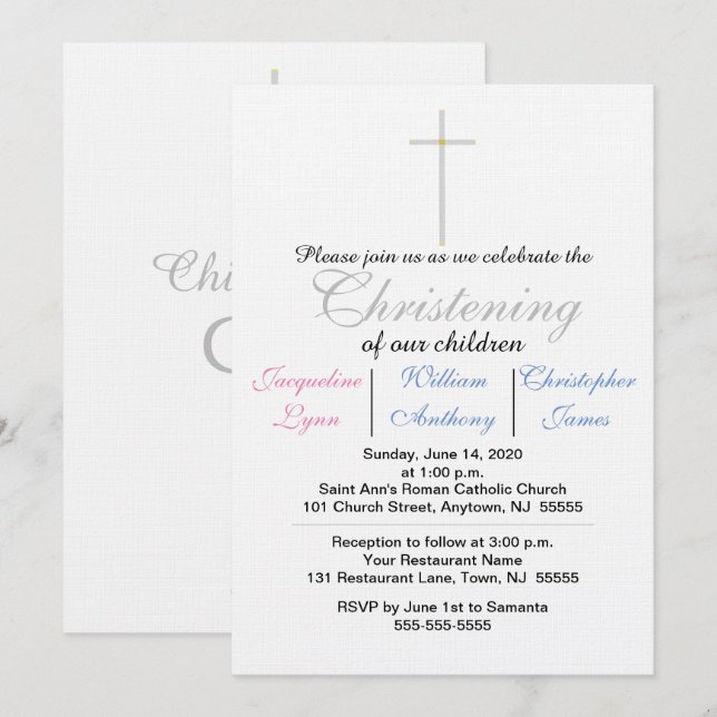 Invitación Bautizo Trillizos Azul Rosa (Anverso / Reverso)