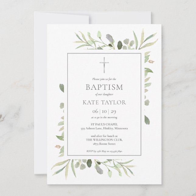 Invitación Bautizo Verde Acuarela (Anverso)