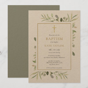 Invitación Bautizo Verde Acuarela Rústica